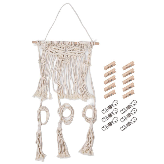 Off-white woven macramé hat rack wall hanging with top bar, loops, and fringe