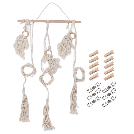 Boho macrame wall hanging rack with cotton rope, tassels, rings, and extra clips