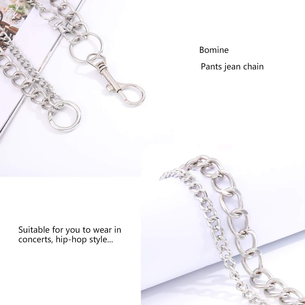 Bomine Hip Hop Pants Jean Chain Goth Punk Silver Trousers Chains Biker Heavy Thick Wallet Pocket Chains Silver Keychains Body Jewelry for Men and Women (Silver), 1 Count (Pack of 1)