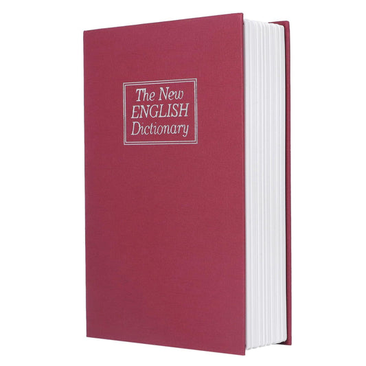 Book safe storage box closed like a red dictionary, with white spine and label
