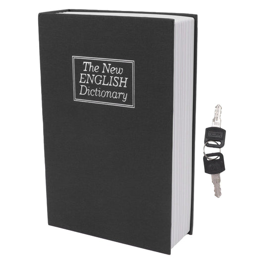 Black book safe box with label and included metal lock key with black key tag.