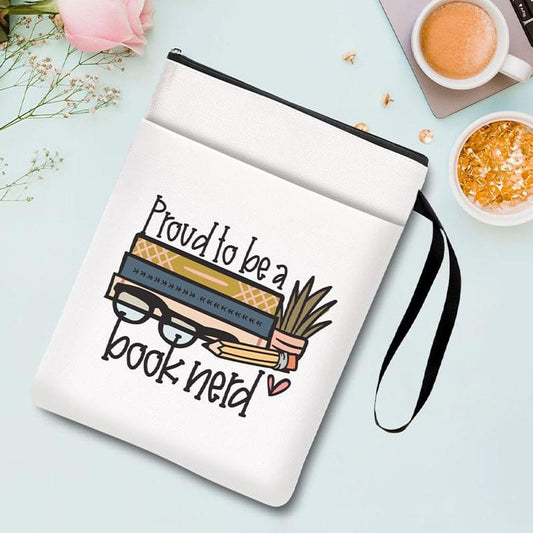 Printed book sleeve with black zipper and carry strap; white with book-nerd graphic