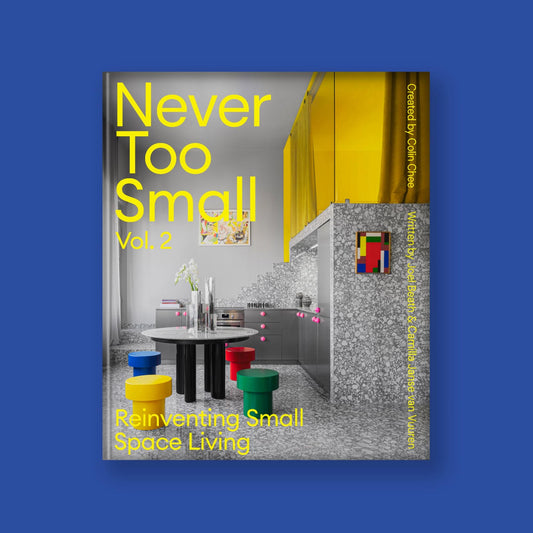 Interior design book cover with small-space living theme and room photos