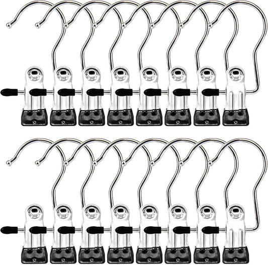 16-pack stainless steel boot hanger clips with curved hooks and black rubber grippers