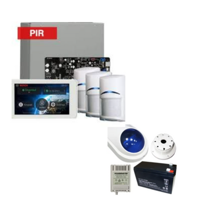 Bosch Solution 4000 Alarm Kit with ICP-SOL4-P Panel, IUI-SOL-TS5 Touchscreen Keypad, 3x ISC-BPR2-W12 PIR Detectors & Siren Kit – K4000-3PIR-TS