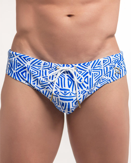 Men's swim briefs, blue abstract print with bow-tie front
