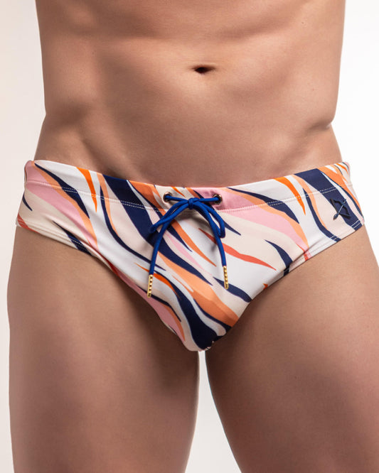 Pink tiger-print swim brief with blue drawstring at front