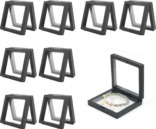 Set of small black square jewelry display cases with clear window, travel storage