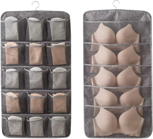 Beige double-sided bra storage organizer with hanging loops and multiple inner pockets