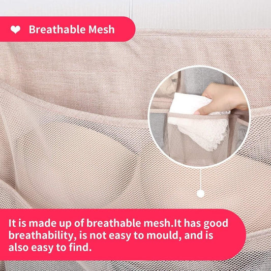 Beige breathable mesh storage organizer with small inner pocket and hanging loop