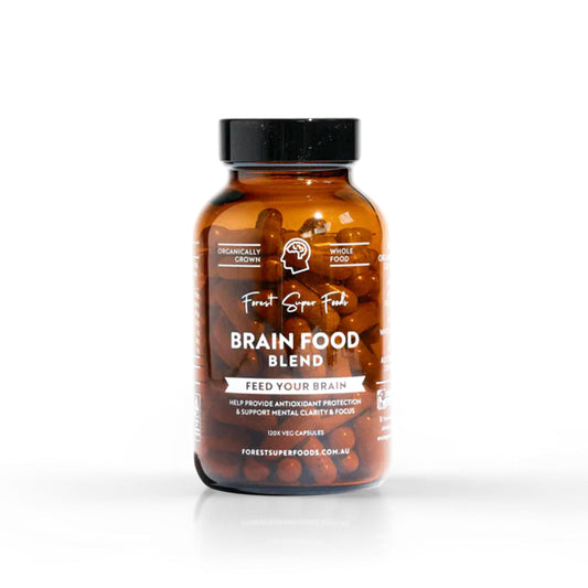 Brain Food supplement bottle with black cap and amber label