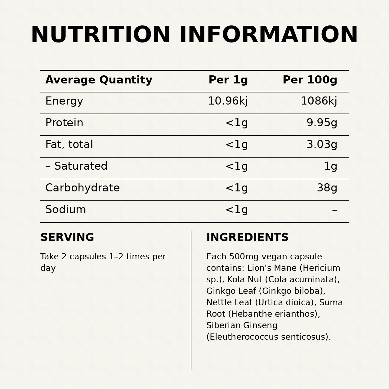 Nutrition information and ingredients panel for Brain Food vegan capsules, serving directions
