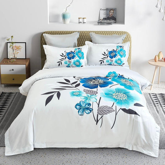 King quilt cover set, white with blue floral blooms, includes matching pillowcases