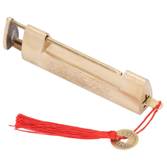 Brass antique padlock with engraved panel, open shackle, red tassel and small key