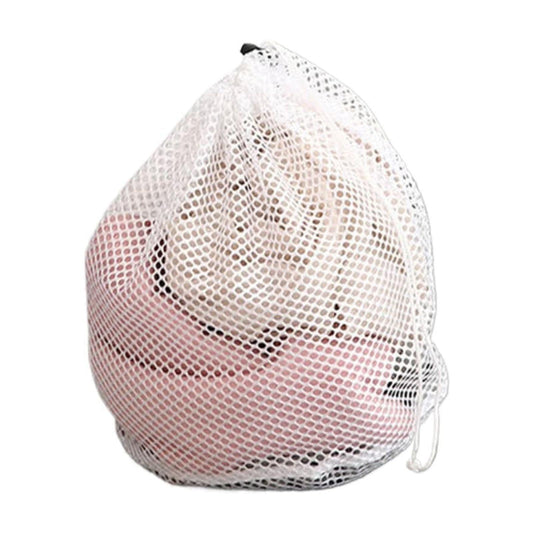White nylon mesh drawstring storage sack with gathered top and dangling cord