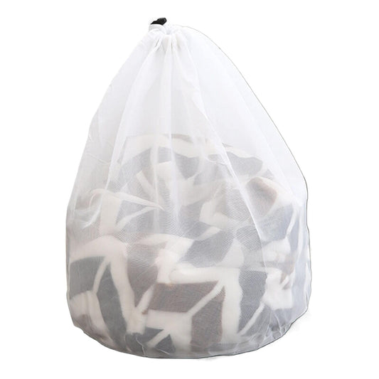 White mesh drawstring laundry bag with gathered top and cord tie