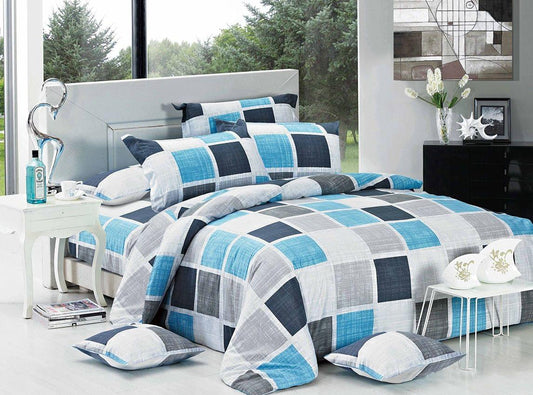 Super king duvet cover set, blue and gray plaid with matching pillowcases