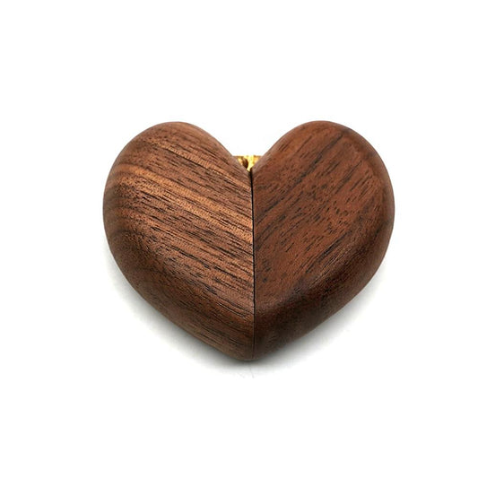 Walnut wood heart ring box, dark brown, magnetic close with gold clasp detail