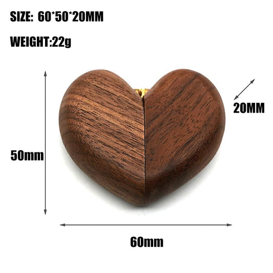 Walnut wood heart ring box, dark brown, closed heart shape with gold hinge