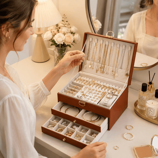 Brown lockable jewellery box, open with three drawers and ring compartments.