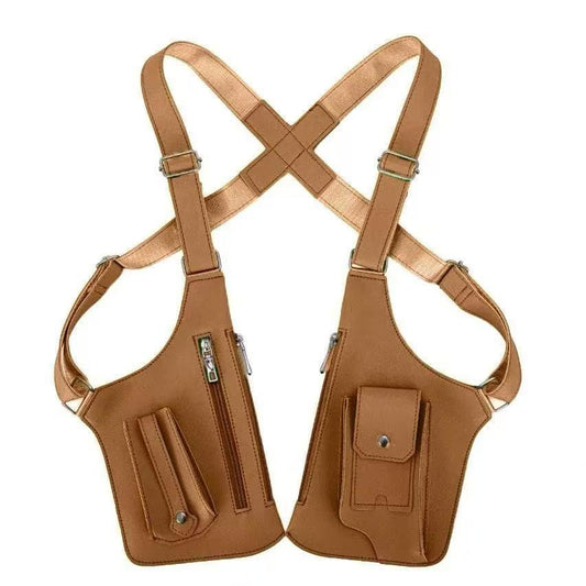 Brown tactical chest rig bag with crossed shoulder straps and two front utility pouches