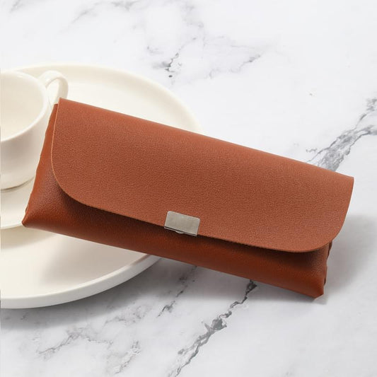 Brown PU leather eyeglass pouch with flap and metal snap clasp