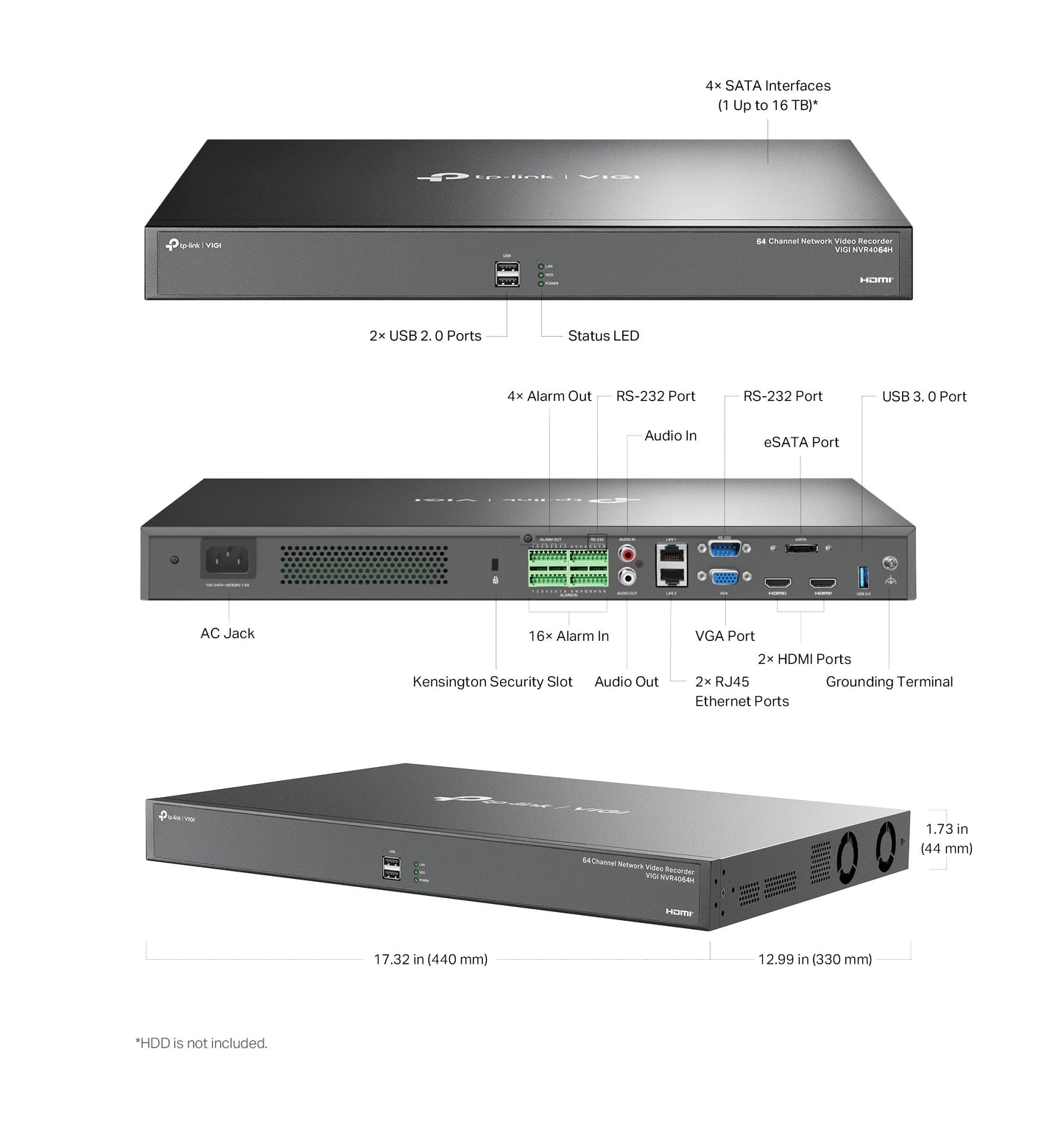 TP-Link VIGI NVR4064H | 64‑Channel 4K Network Video Recorder with 4× SATA (Up to 16 TB Each), H.265+ Compression, Remote Monitoring no PoE