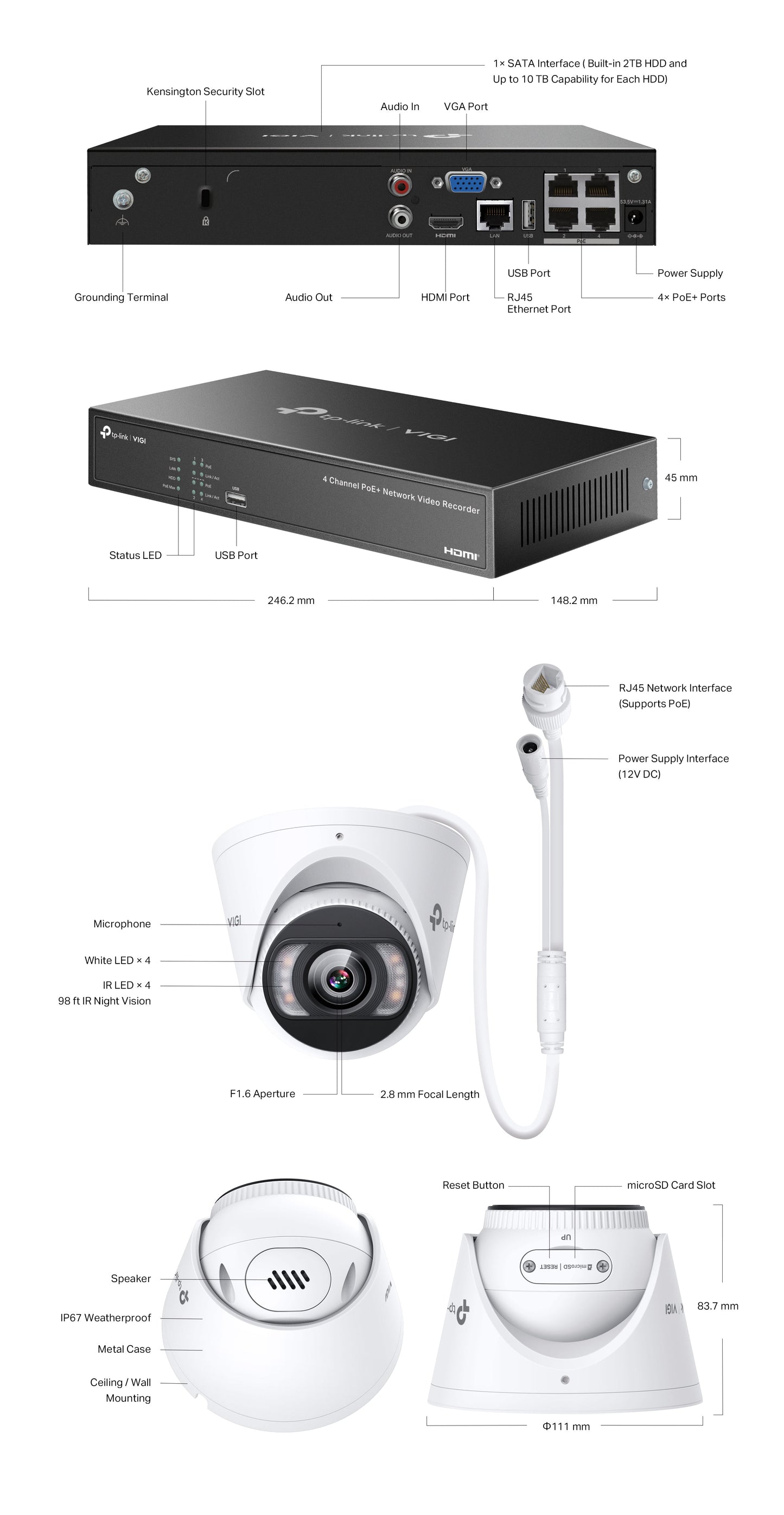 TP‑Link VIGI NK4P‑T4425‑2T 4 MP Full‑Color Turret IP Camera & 4‑Channel PoE+ NVR Camera Kit – Plug‑and‑Play, 2 TB HDD, Human/Vehicle AI, IP67, 30 m IR & White Light