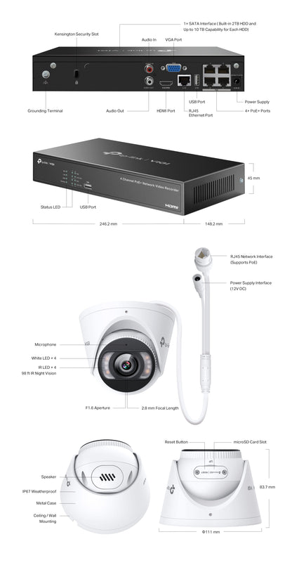 TP‑Link VIGI NK4P‑T4425‑2T 4 MP Full‑Color Turret IP Camera & 4‑Channel PoE+ NVR Camera Kit – Plug‑and‑Play, 2 TB HDD, Human/Vehicle AI, IP67, 30 m IR & White Light