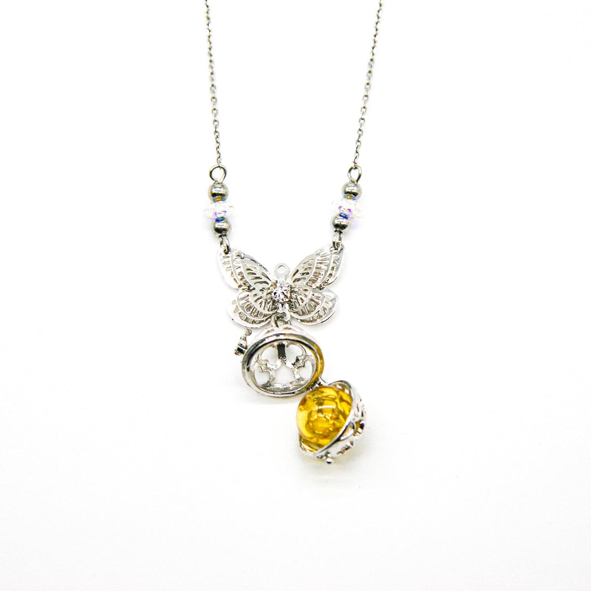 Silver-tone butterfly pendant necklace with round locket diffuser and multicolor beads