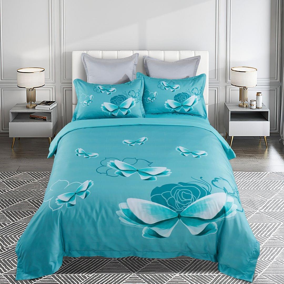 Turquoise butterfly quilt cover set with floral design, set includes pillowcases and duvet cover