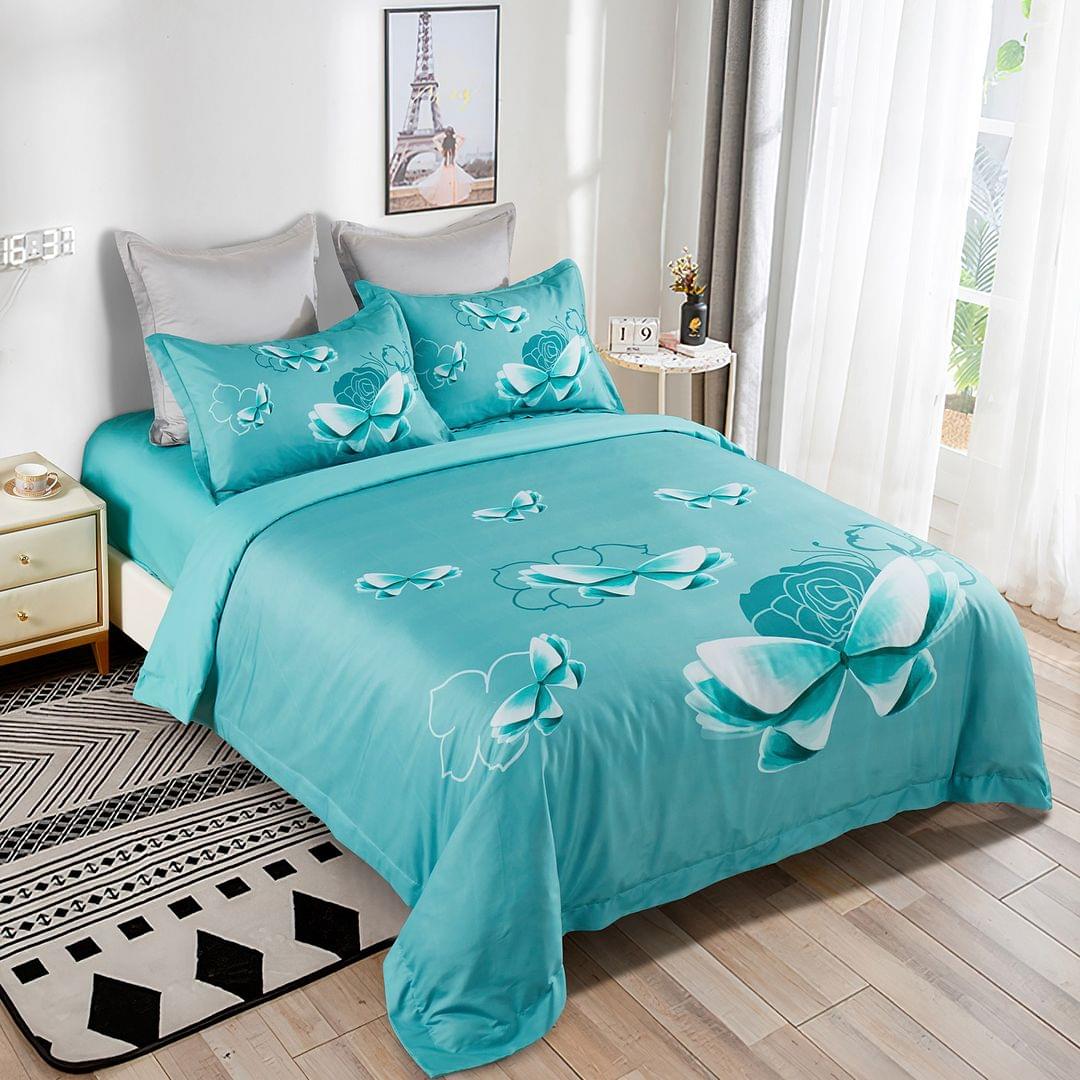 Turquoise quilt cover with butterfly and floral pattern, queen size with matching pillowcases