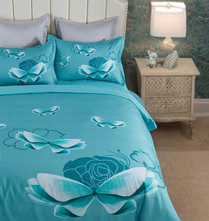 Turquoise quilt cover set with butterfly and floral prints, includes matching pillowcases