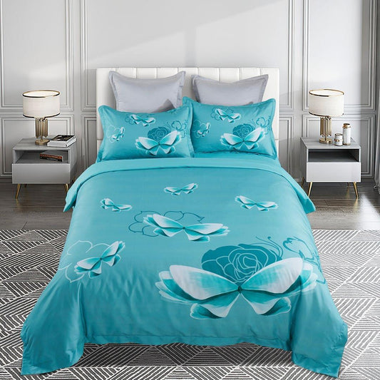 Turquoise quilt cover set with butterfly and floral print, matching pillowcases