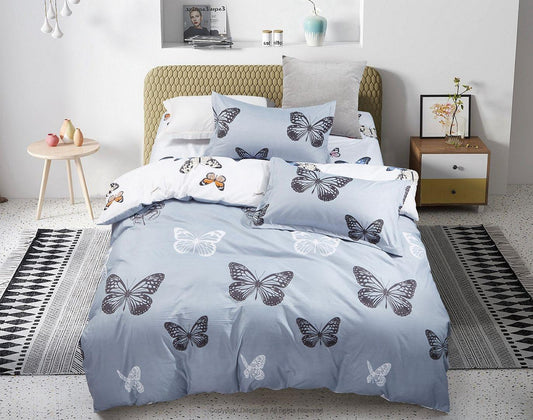 King quilt and duvet cover set, light blue with white butterfly print