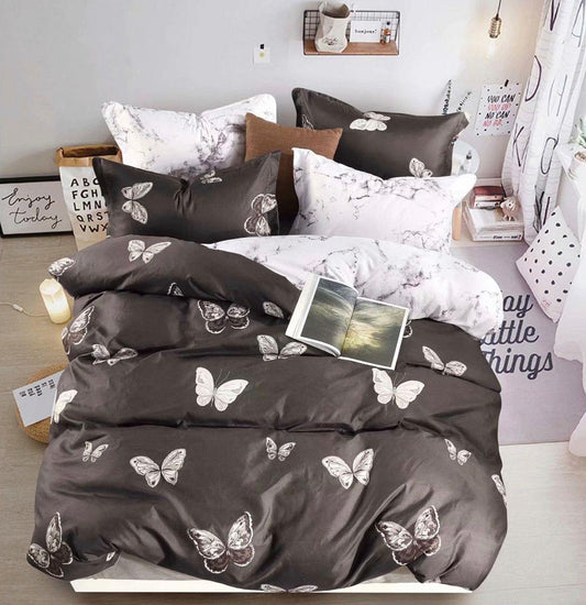 Butterfly duvet cover set: black with white butterfly print on quilt and pillowcases