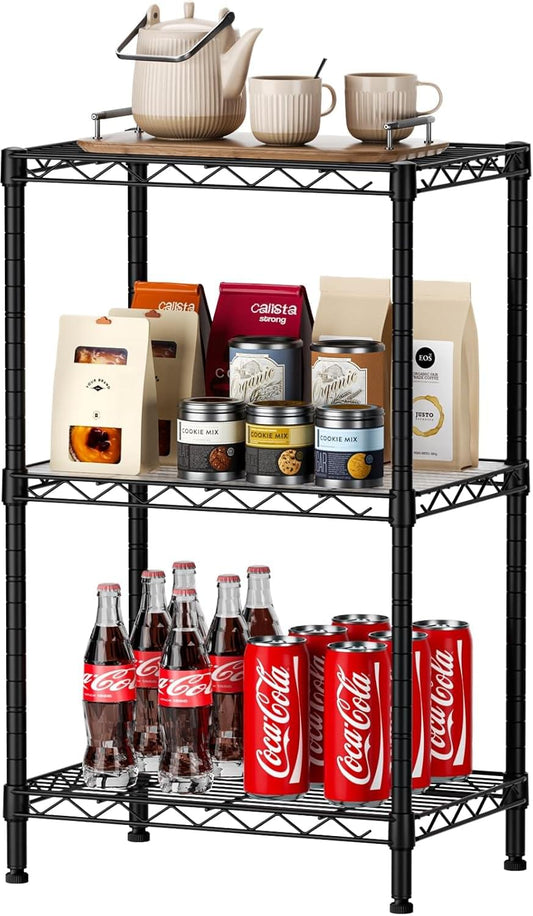 3-tier adjustable black metal wire storage shelf rack with three open levels