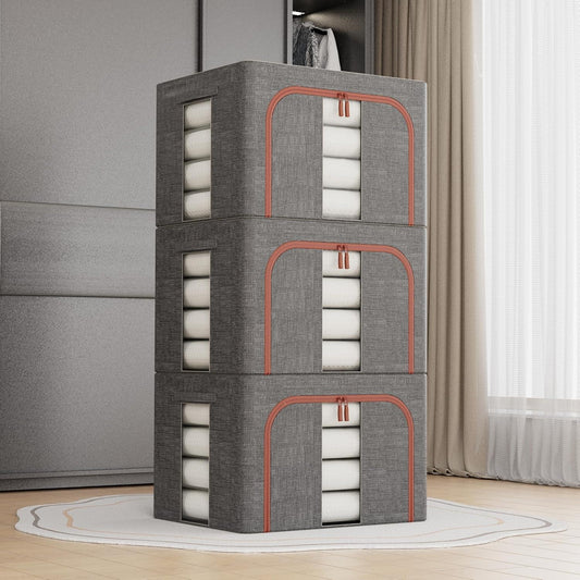 Grey fabric clothes storage bins with orange-trimmed handles and clear window lids, 3 pack