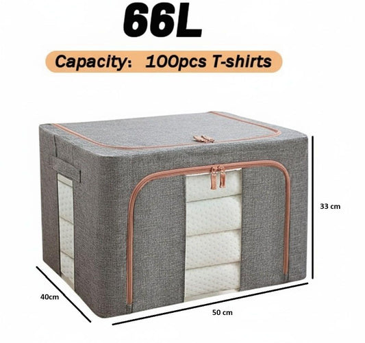 Large grey storage bin with hinged lid, orange trim, and clear window panel