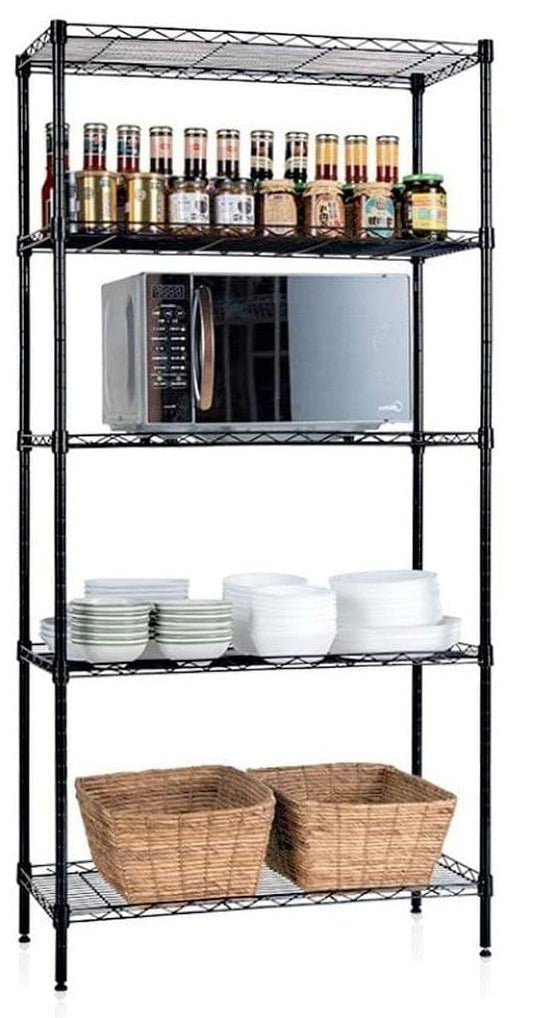 Black 5-tier wire storage shelf with folded linens and two woven baskets on racks.