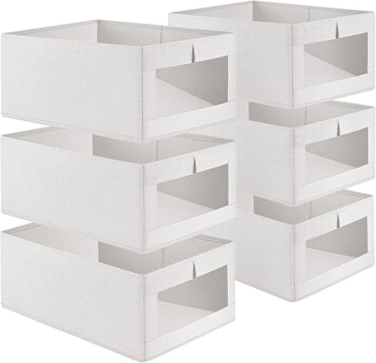 Set of 6 white fabric closet storage bins with clear window panels