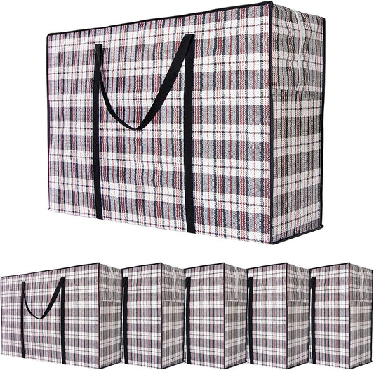Large plaid storage bag with black zipper and dual carry handles, rectangular moving bag