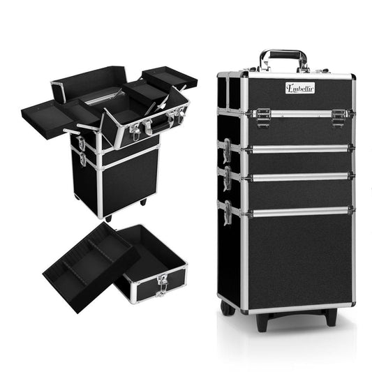 Black rolling makeup trolley case with open organizer compartments and chrome latches