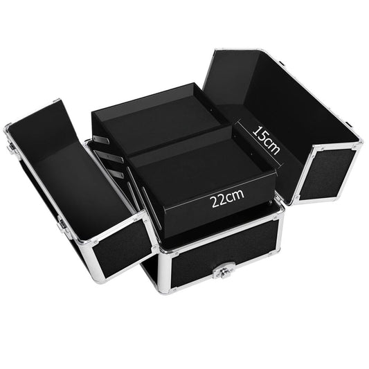 Black makeup trolley case with open top organizer tray and side compartments