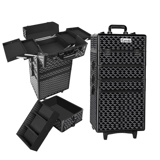 Black diamond-pattern makeup trolley case with open compartments and top carry handle