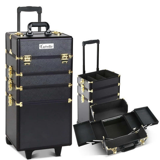 Makeup trolley case with wheels, black exterior, gold corner locks, top carry handle