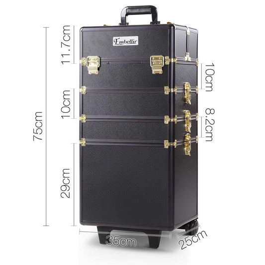 Makeup trolley case with wheels, black exterior with gold hardware and front latches