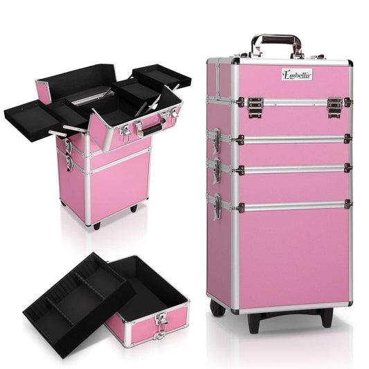 Pink rolling makeup organizer case with silver frame, lock latches, and open interior trays.
