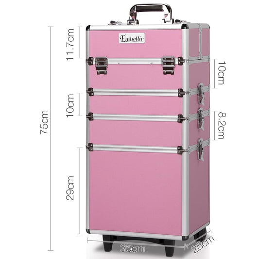 Pink rolling makeup organizer case with silver corners, three storage bars, handle, wheels.