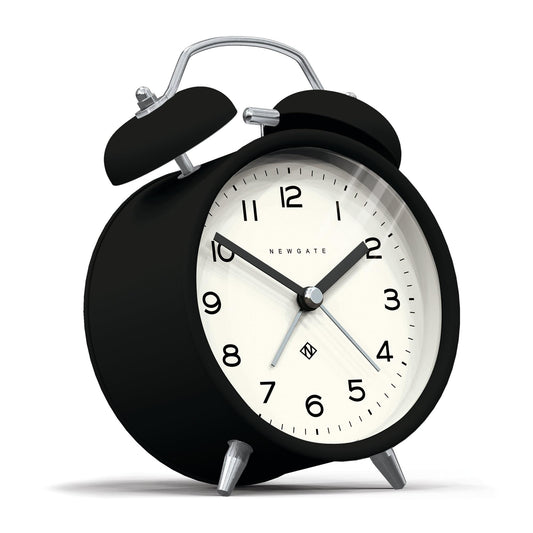 Newgate alarm clock showing side profile, matte black bells and white face with numbers